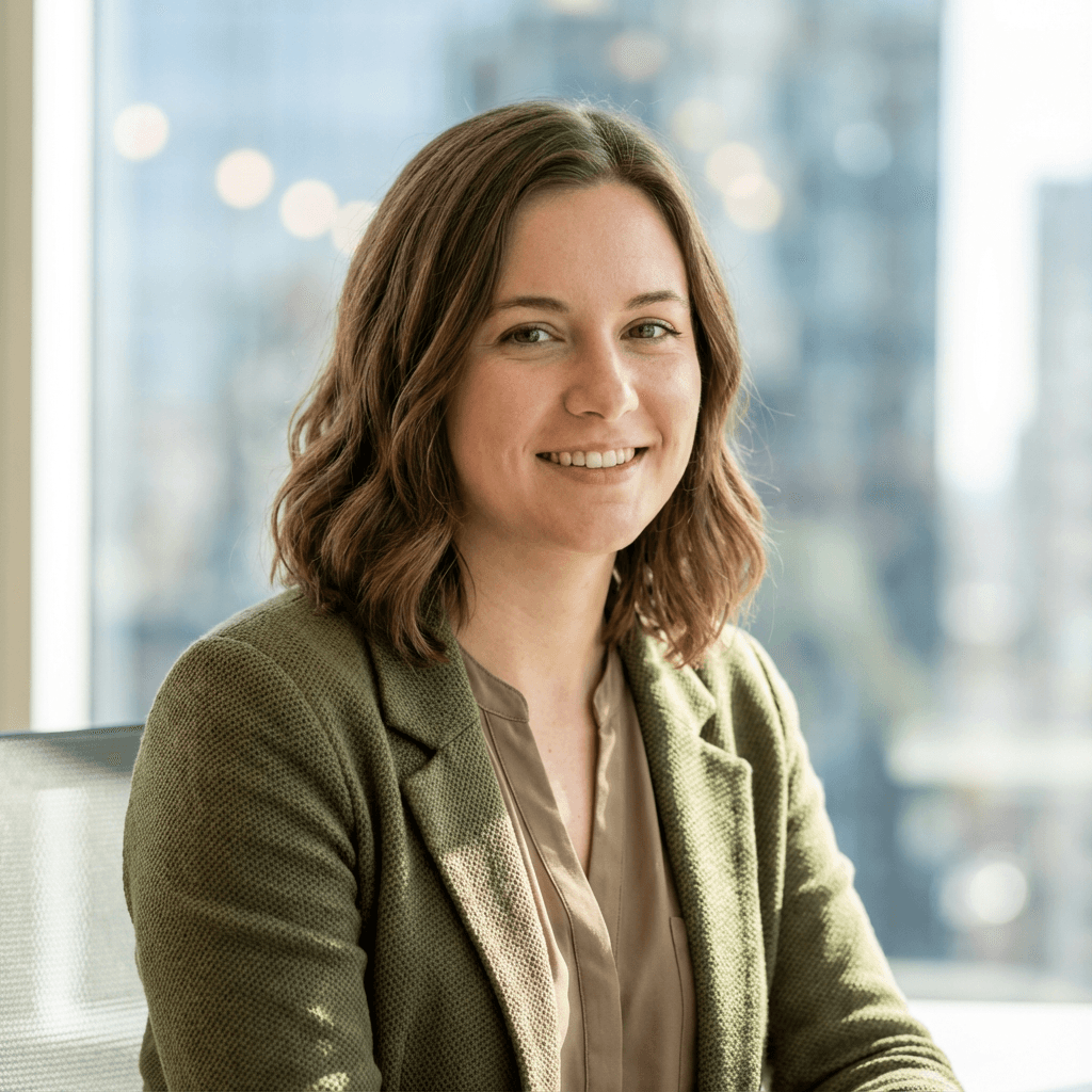 Female small business owner in her early 30s, White, in a navy blazer