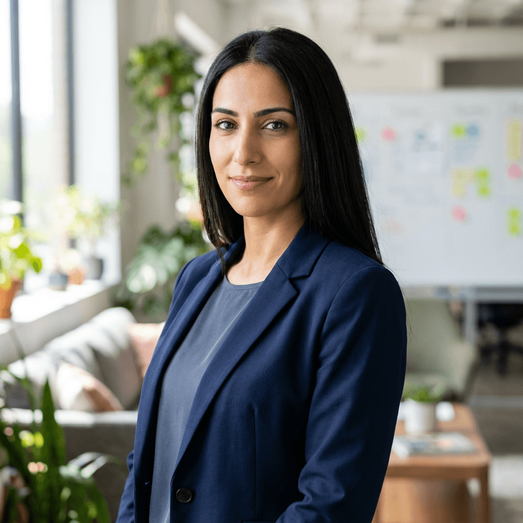 Sarah Mitchell in a navy blazer in a modern office