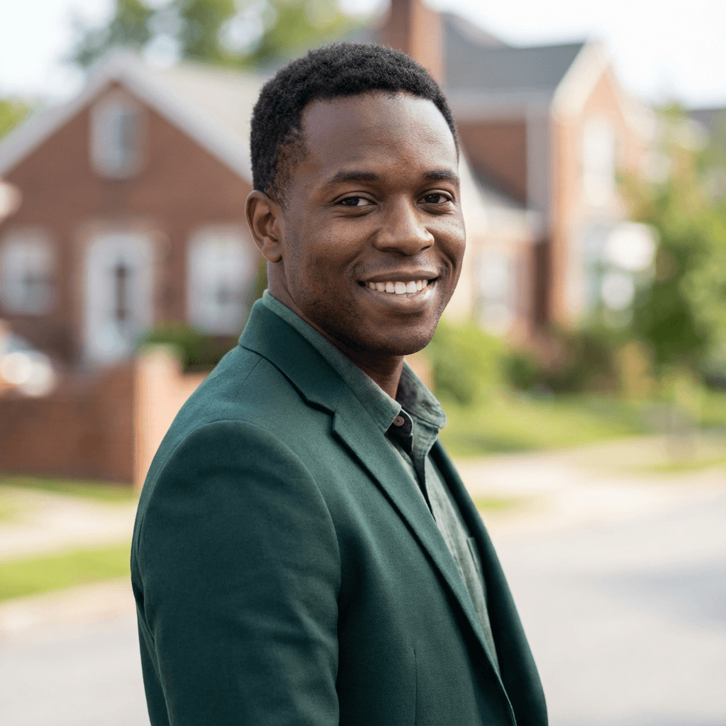 Male real estate investor in his late 40s, White, in a charcoal suit outdoors