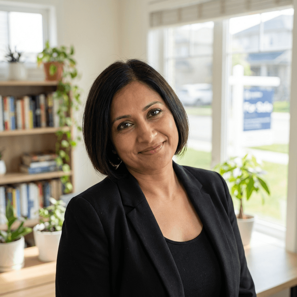 Female physician in her late 30s, South Asian, professional appearance in a modern medical office