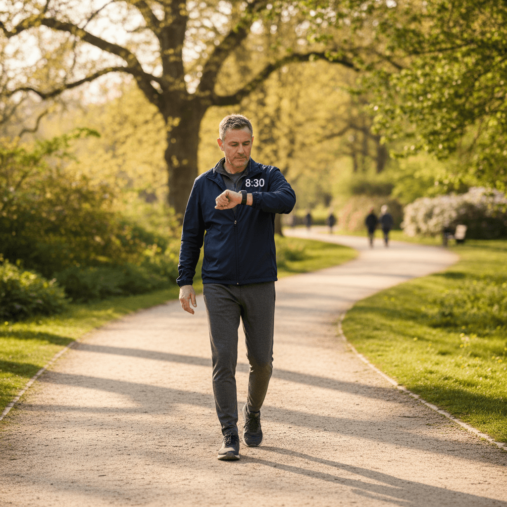 Client checking his heart rate watch during an outdoor walk