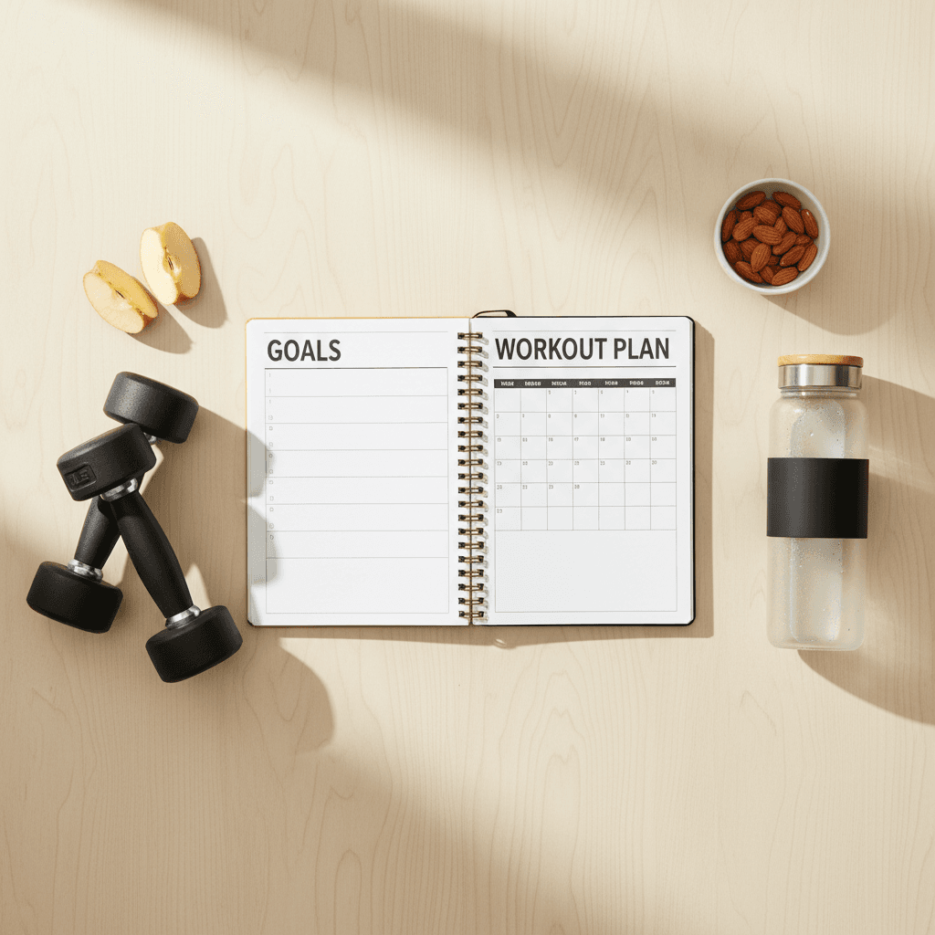 Planner, dumbbells, and water bottle arranged on a desk