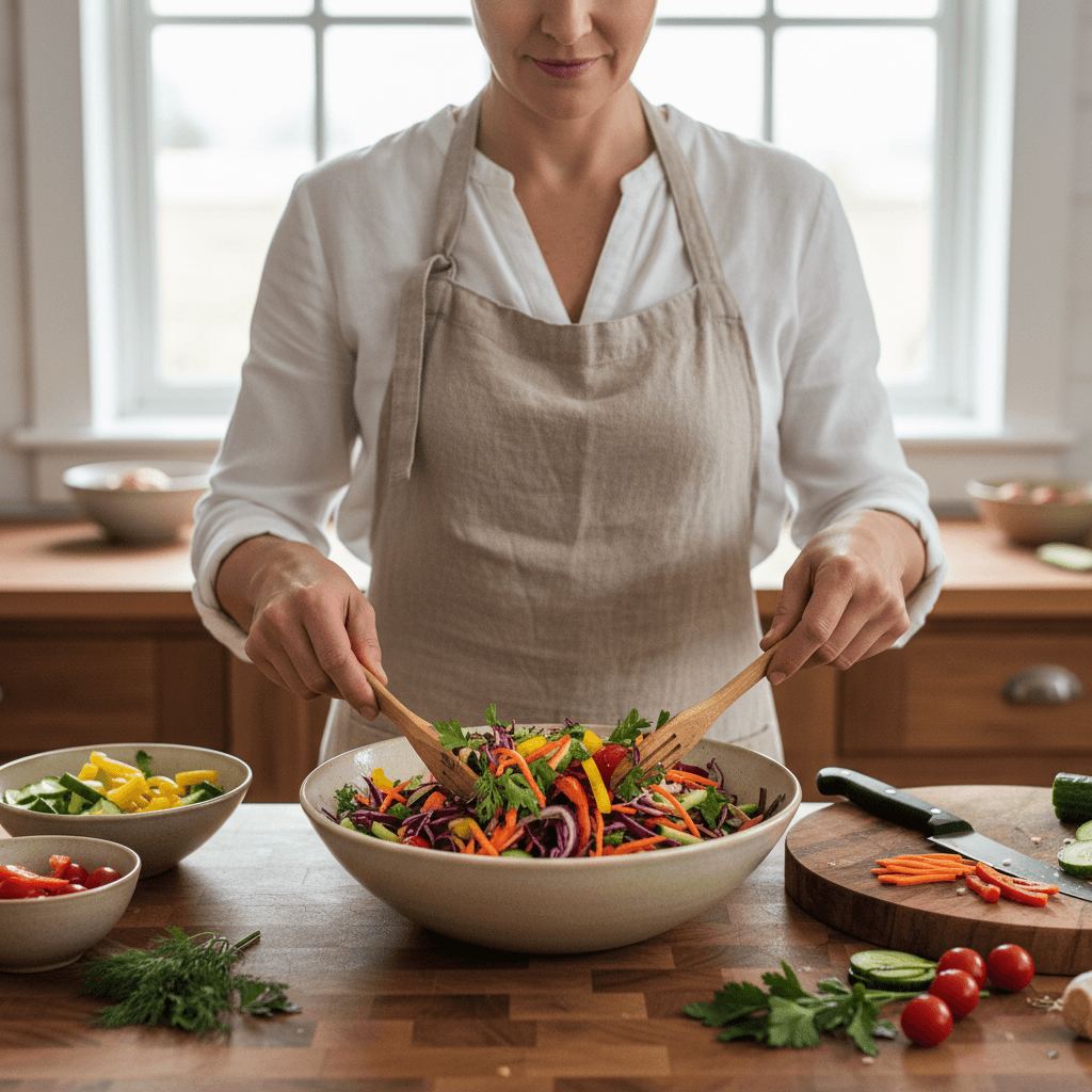 Woman in her 40s preparing a colorful vegetable salad in a home kitchen