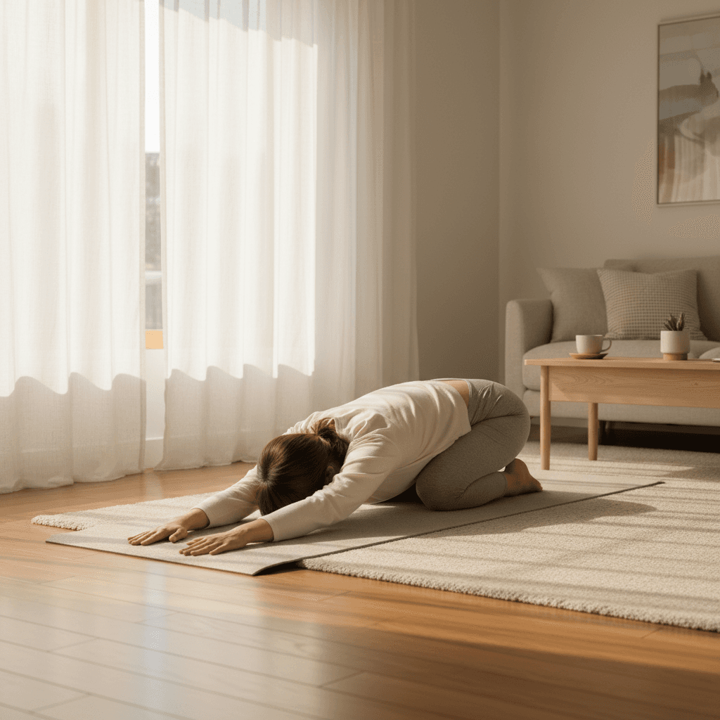 Client stretching on a yoga mat at home in the morning