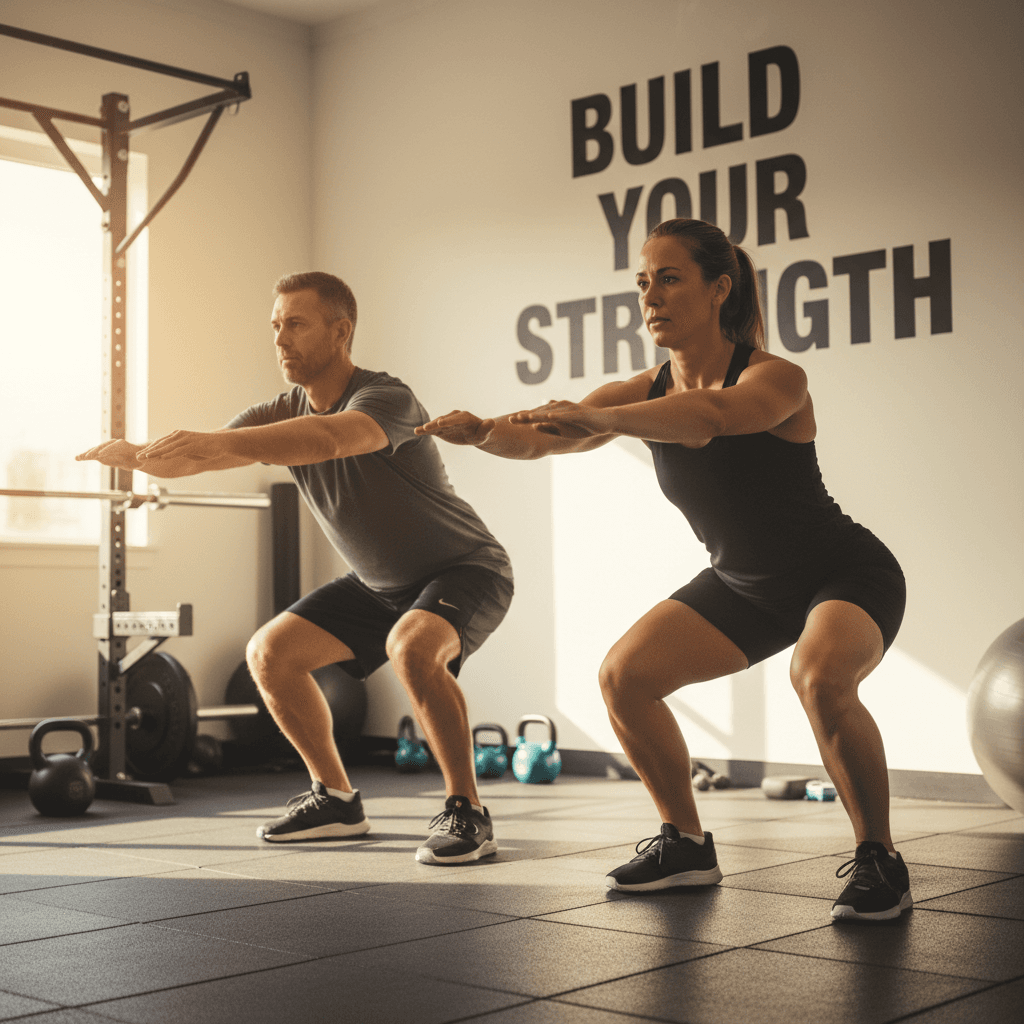 Coach demonstrating a squat to a client in a home gym