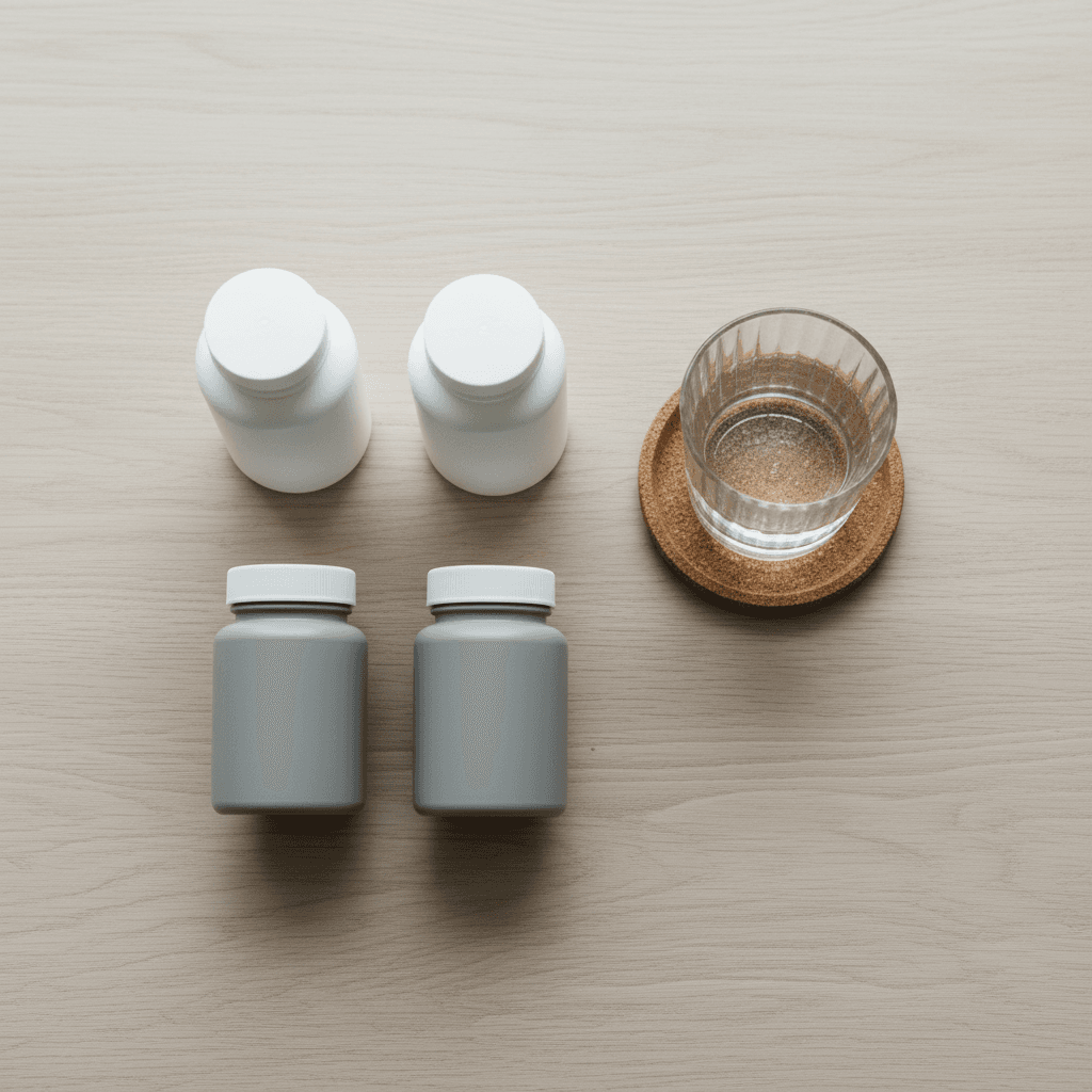 Organized supplement bottles and a glass of water on a wooden table