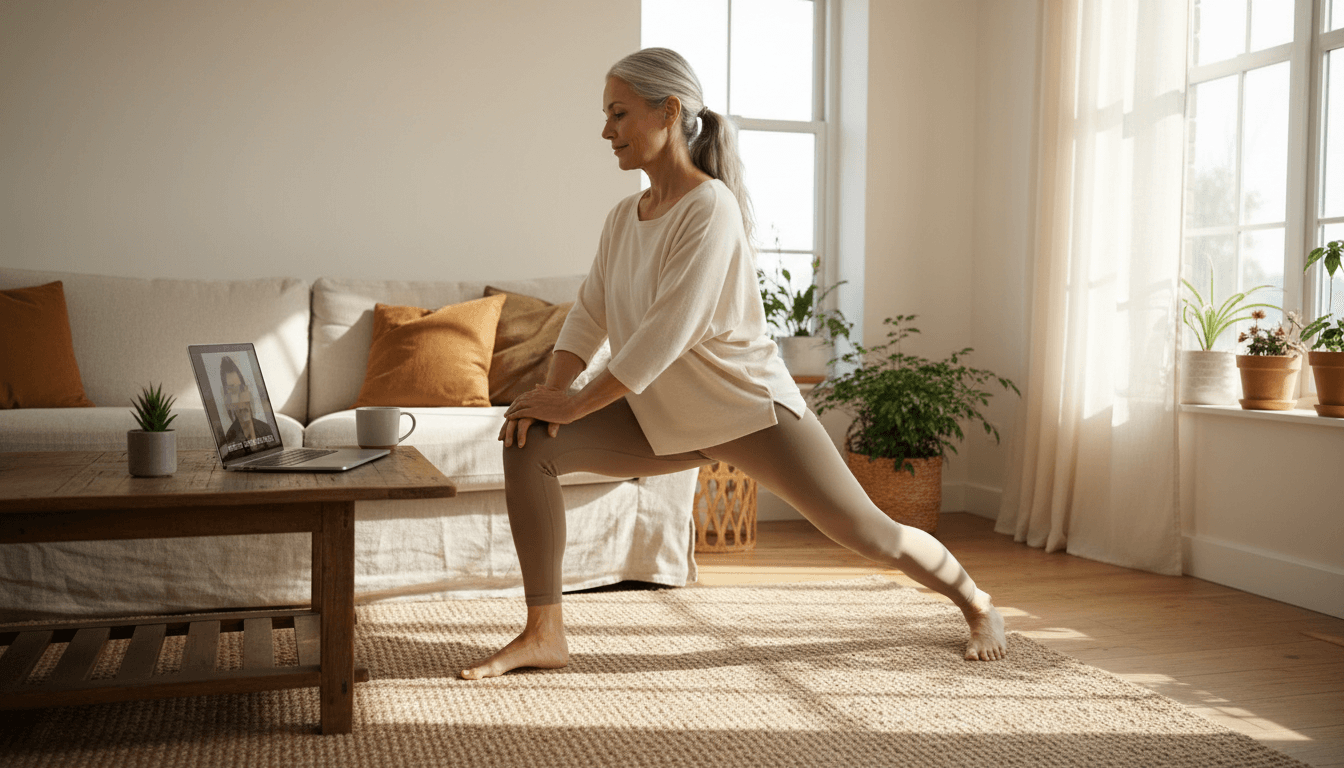 Adult in their 50s stretching in a bright living room during a remote coaching session