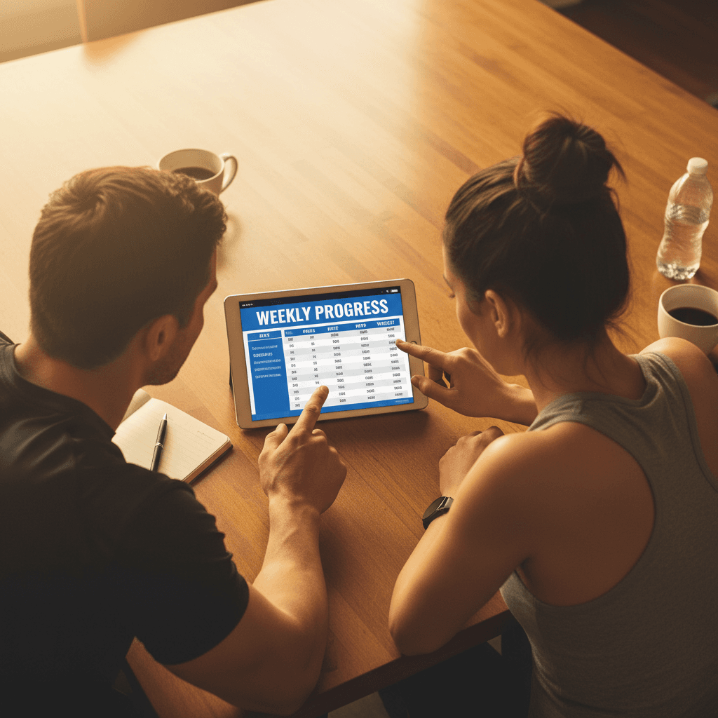 Coach and client reviewing a progress log on a tablet