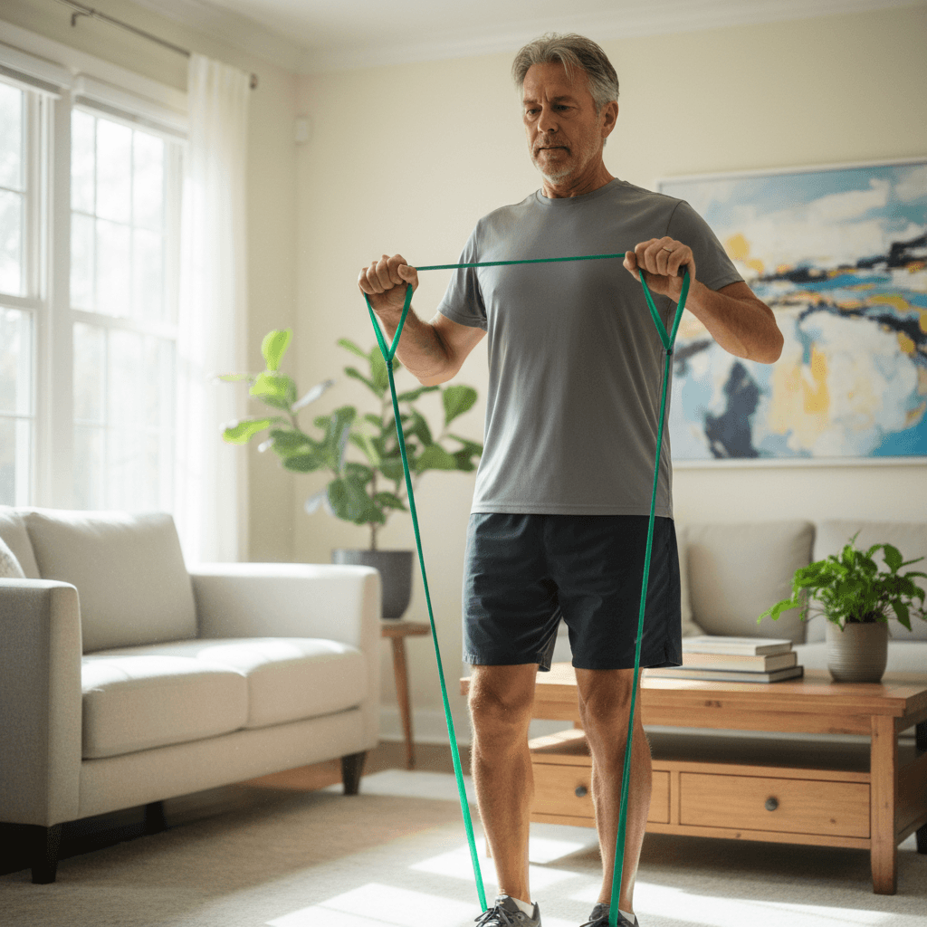 Man in his 50s exercising with resistance bands in a bright living room