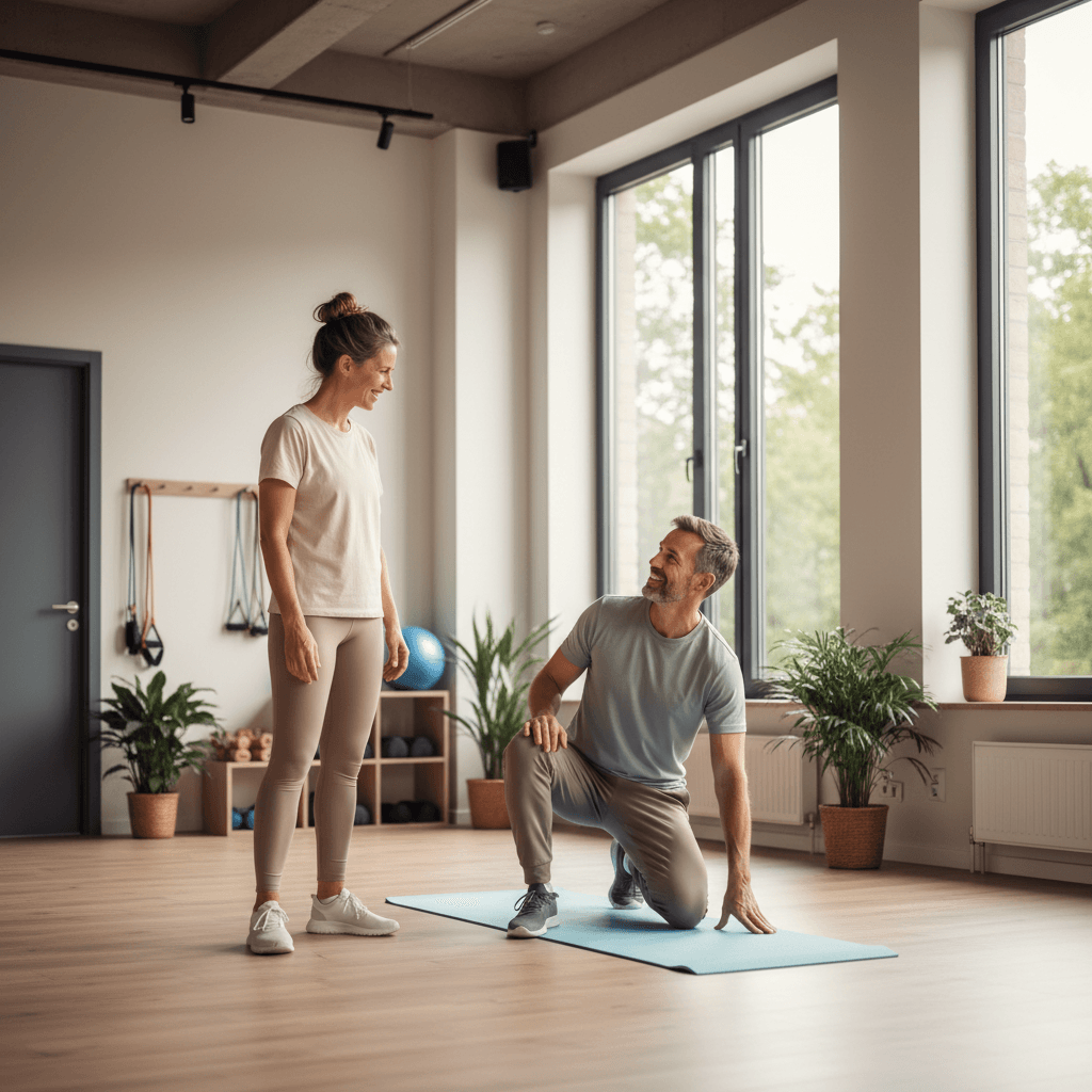 Coach demonstrating a stretch beside an adult client in a light-filled studio