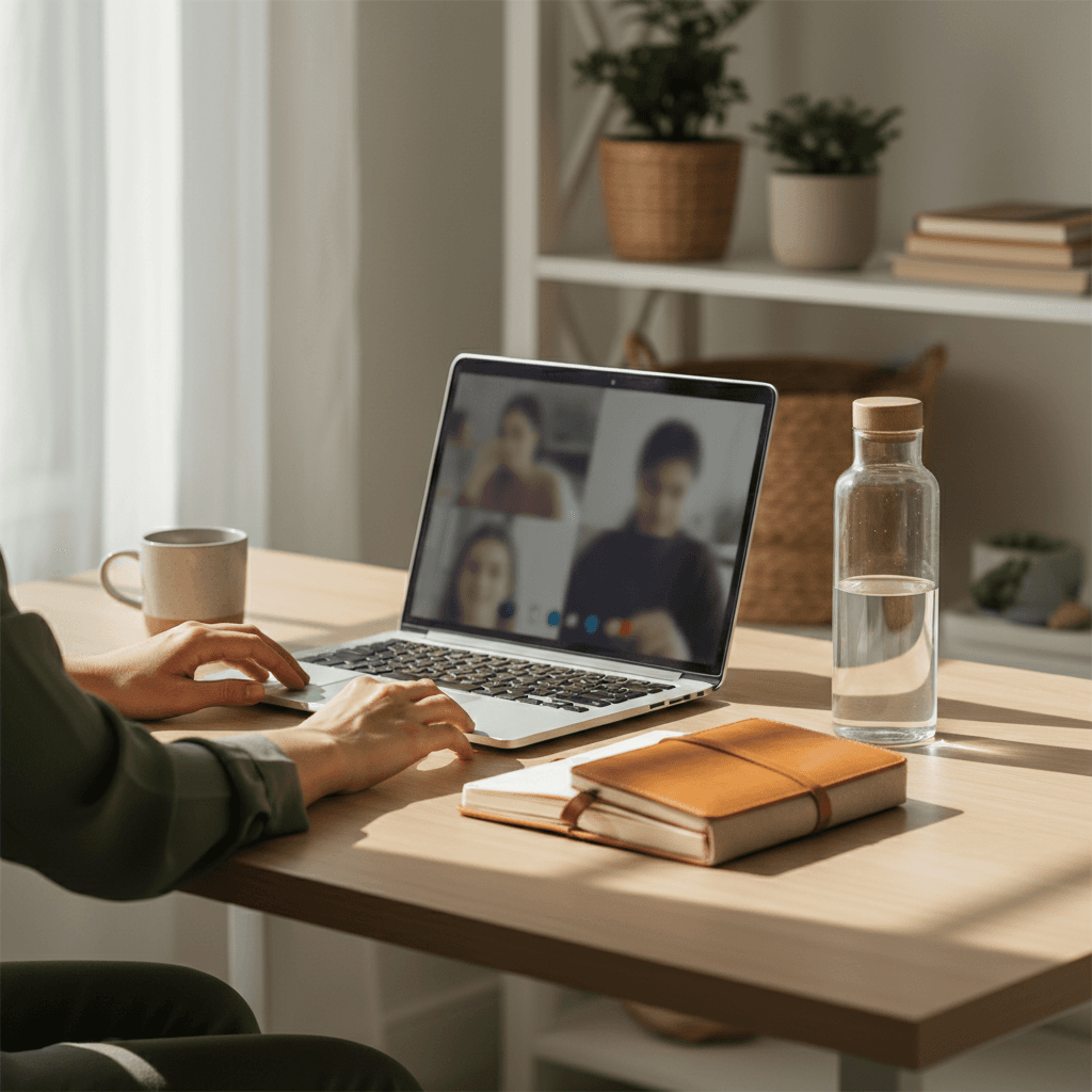 Laptop on a clean desk for a remote video coaching session
