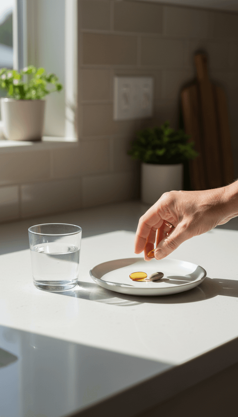 Supplement basics on a kitchen counter with natural daylight