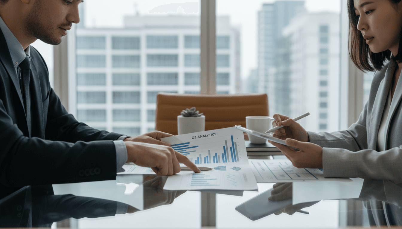 Business consultants meeting in a modern office with a city skyline view