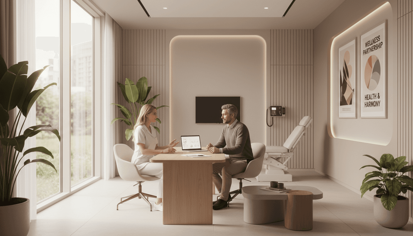 Modern medical clinic interior with physician consulting a patient at a bright reception desk