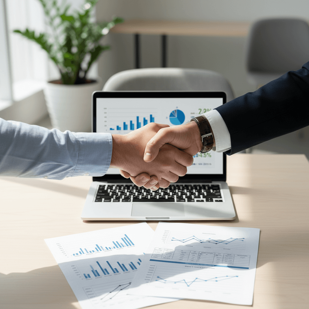 Professional business handshake in modern office with financial documents