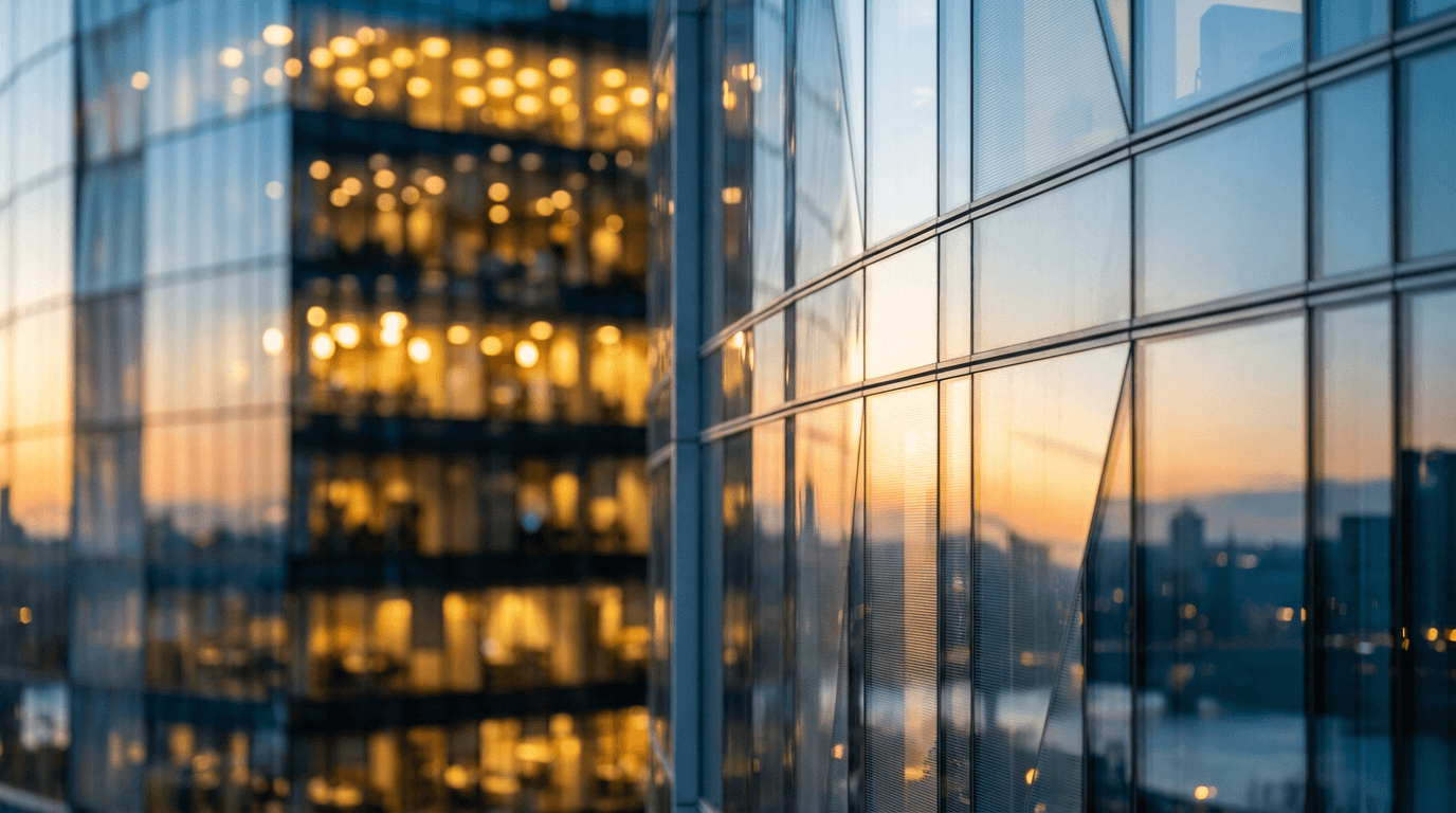 Modern glass office building exterior with reflective windows at golden hour
