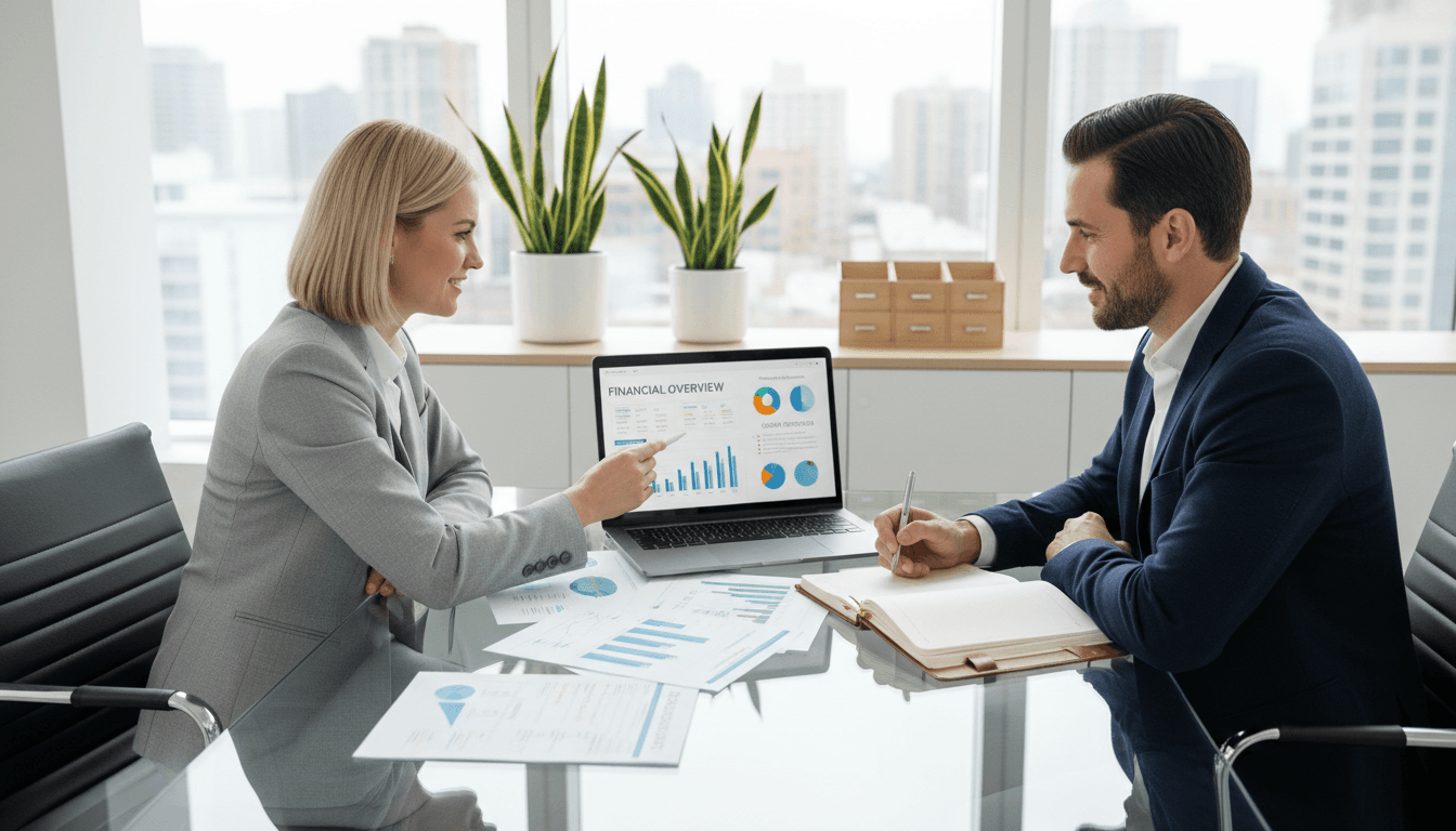 professional financial consultant meeting with small business owner in bright modern office