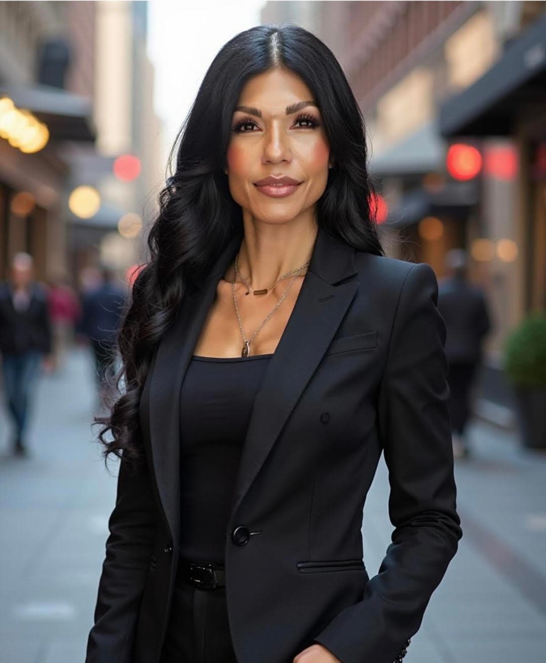 Professional woman with long black hair wearing a black blazer on a city street.